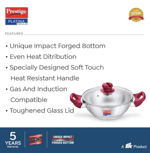 Prestige Platina Popular Stainless Steel Gas and Induction Compatible Kadai with Glass Lid, 200 mm - Image 3